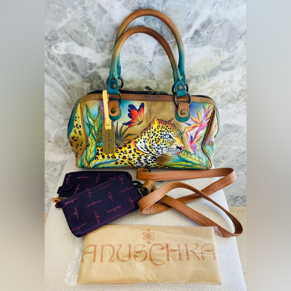Anuschka Hand Painted Leather Leopard Wide Organizer Satchel
